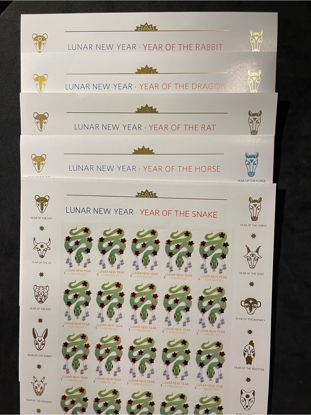 Lunar New Year US Forever Stamp Bundle;5 Sheets Snake Horse Rat Dragon & Rabbit
